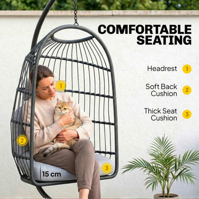Outsunny Hanging Egg Chair, Indoor Outdoor Hammock Swing Chair with Stand, Safety Strap, Foldable Basket, Dark/Light Grey 