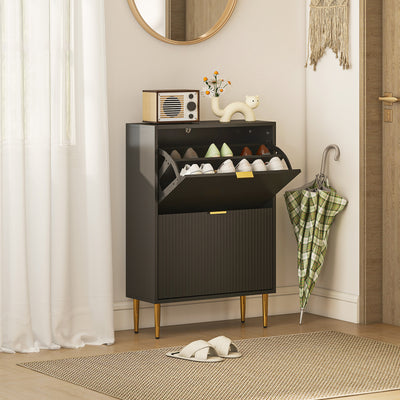 HOMCOM Narrow Shoe Cabinet with 2 Flip Drawers - Black 