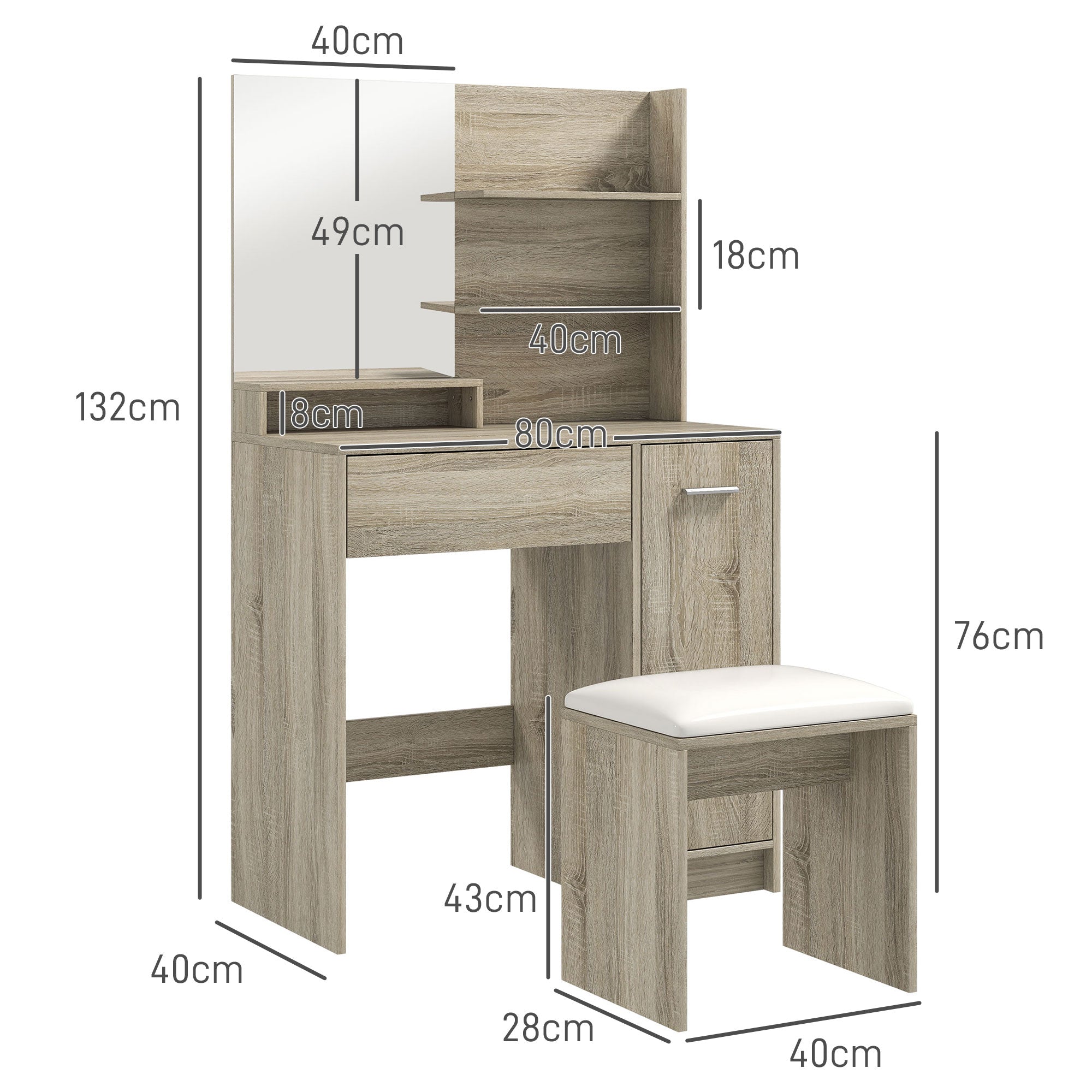 HOMCOM Dressing Table and Stool Set, with Storage - Natural Wood Finish