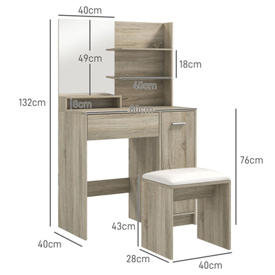 HOMCOM Dressing Table and Stool Set, with Storage - Natural Wood Finish