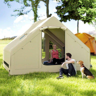 Outsunny Inflatable Camping Tent with Pump, Easy Setup 2-4 Person Blow Up Tent, Waterproof Luxury Inflatable Tent with Mesh Windows, Doors, Hook and Carry Bag, Beige 