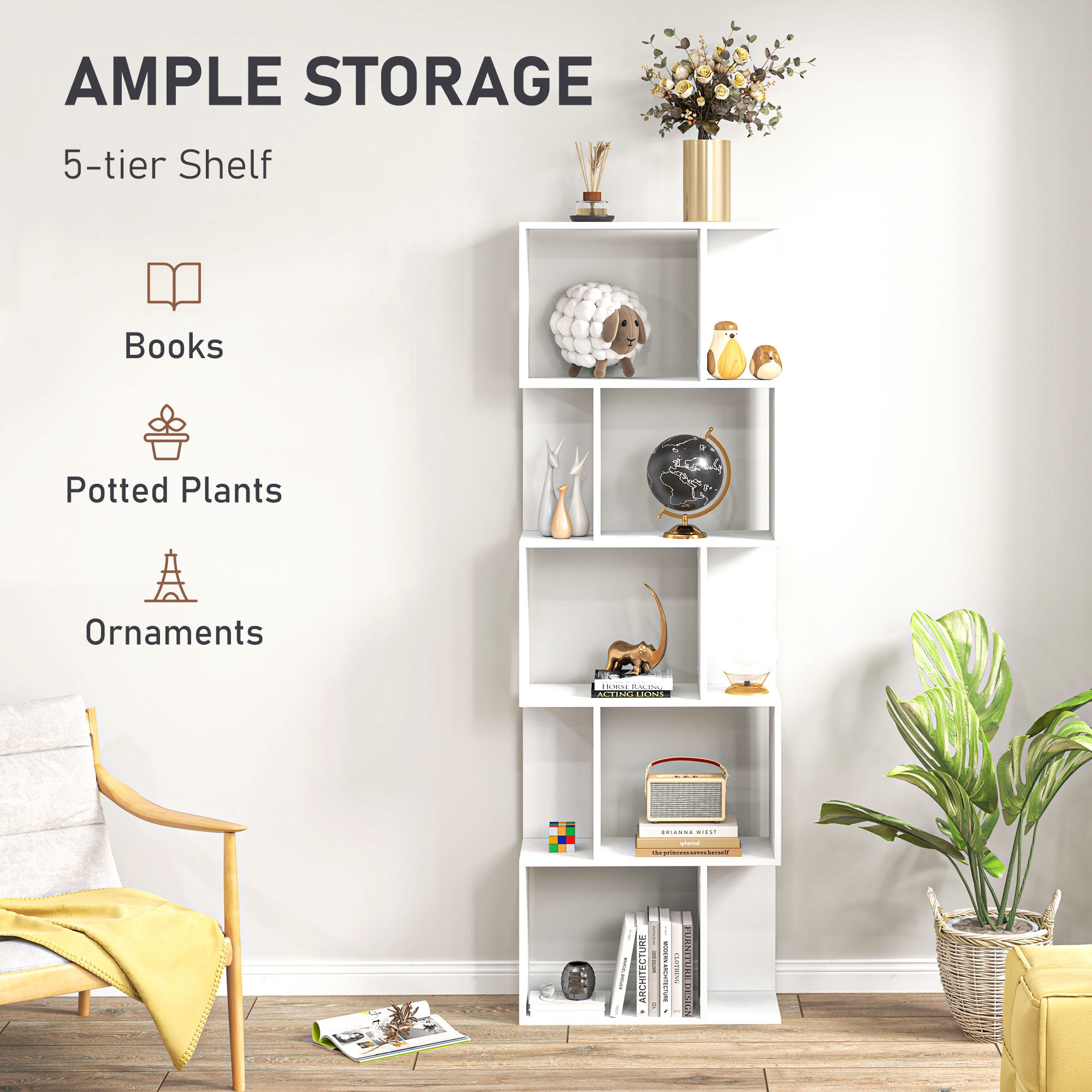 HOMCOM Bookcase, S-Shaped Wooden Bookshelf, 5 Tiers Freestanding Storage Shelf, Home Office Display Stand Rack, White 