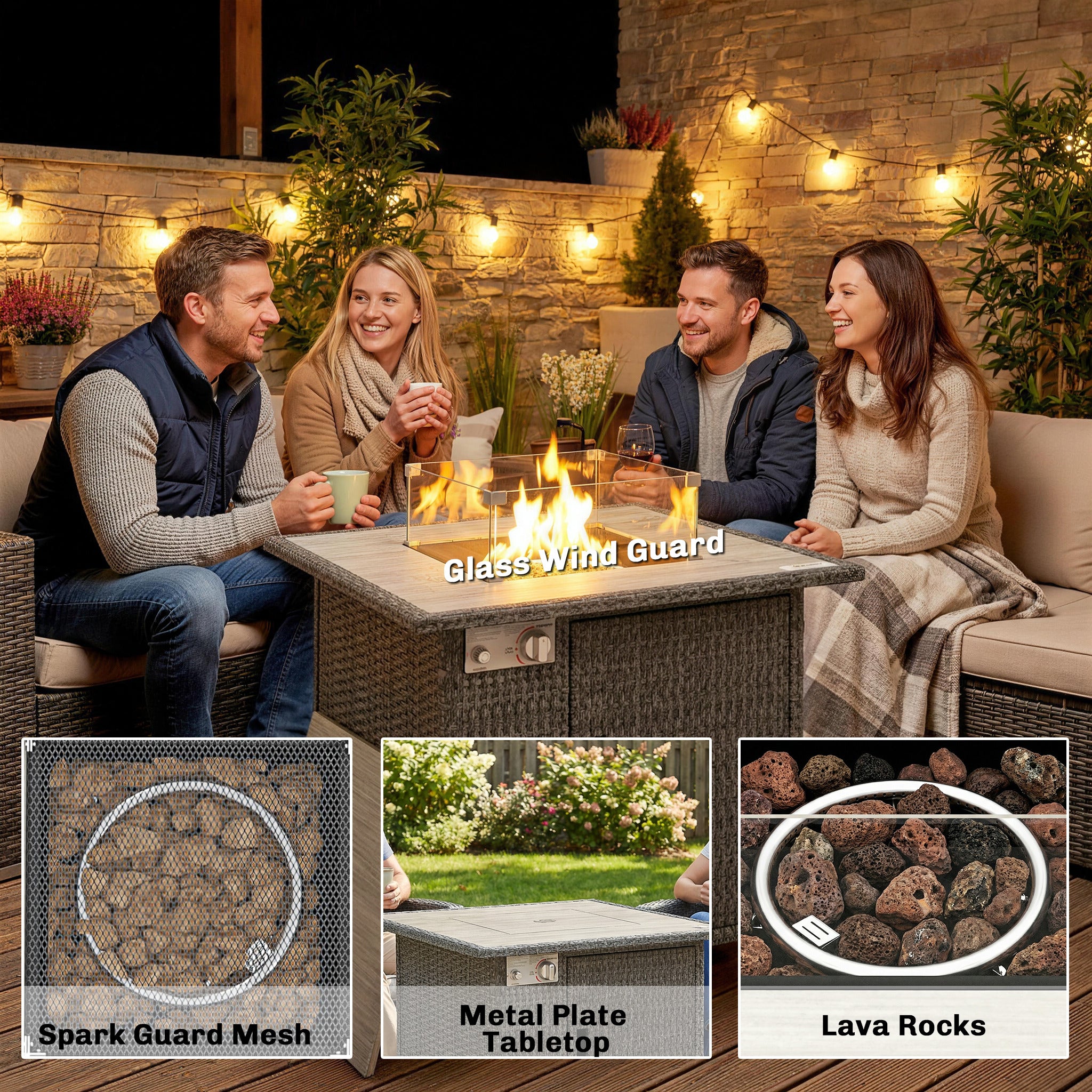 Outsunny 14.5 KW Rattan Gas Fire Pit Dining Table with Rain Cover, Wind Guard, Lid, Lava Rocks, Dark Grey 