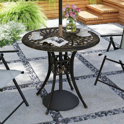 Outsunny 78 cm Round Garden Dining Table with Parasol Hole Antique Cast Aluminium Outdoor Table Only, Bronze Tone 