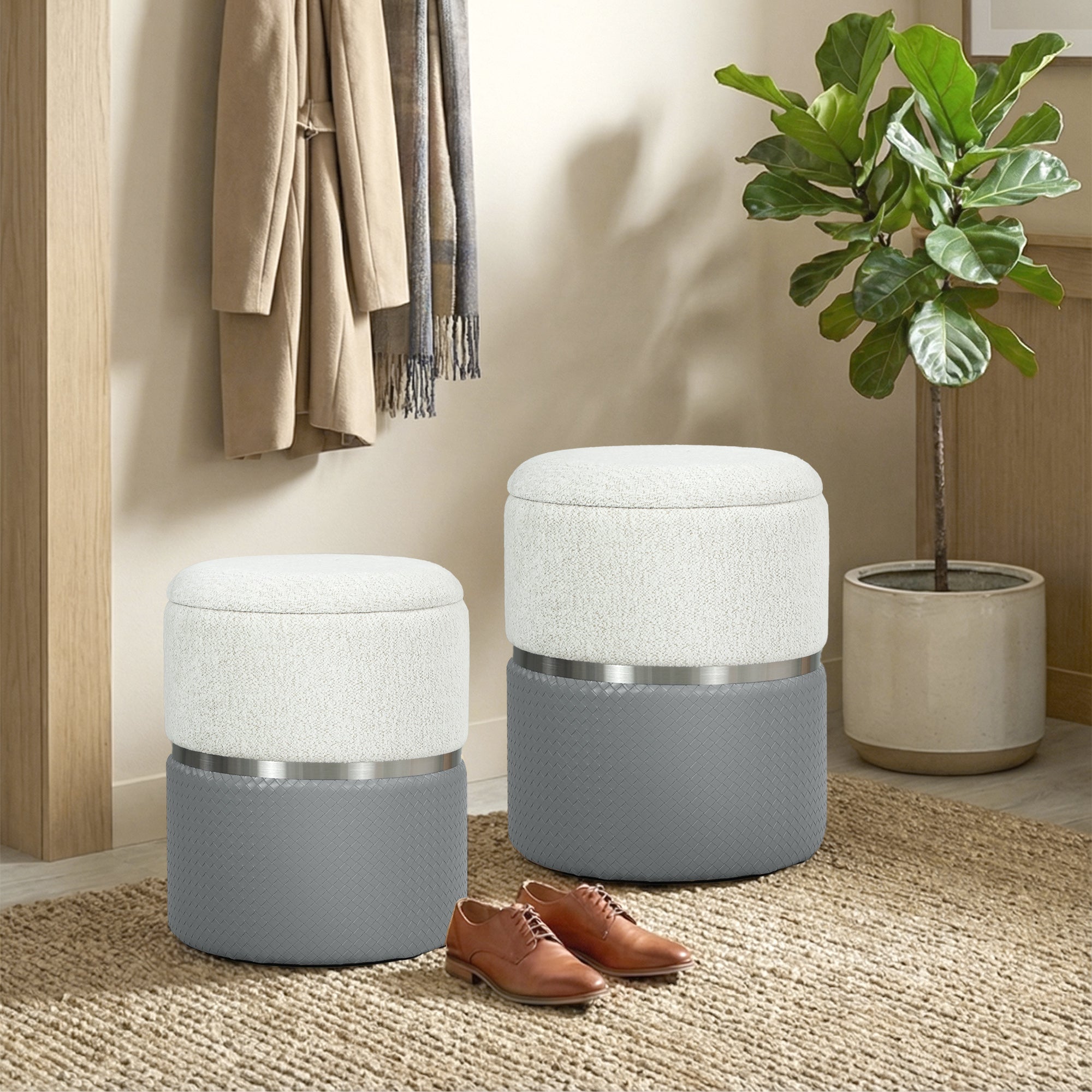 HOMCOM Nesting Round Ottoman with Storage Set of 2 - Cream/Grey 