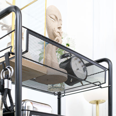 HOMCOM Five-Steel Mesh Basket Storage Trolley, with Wheels - Black 