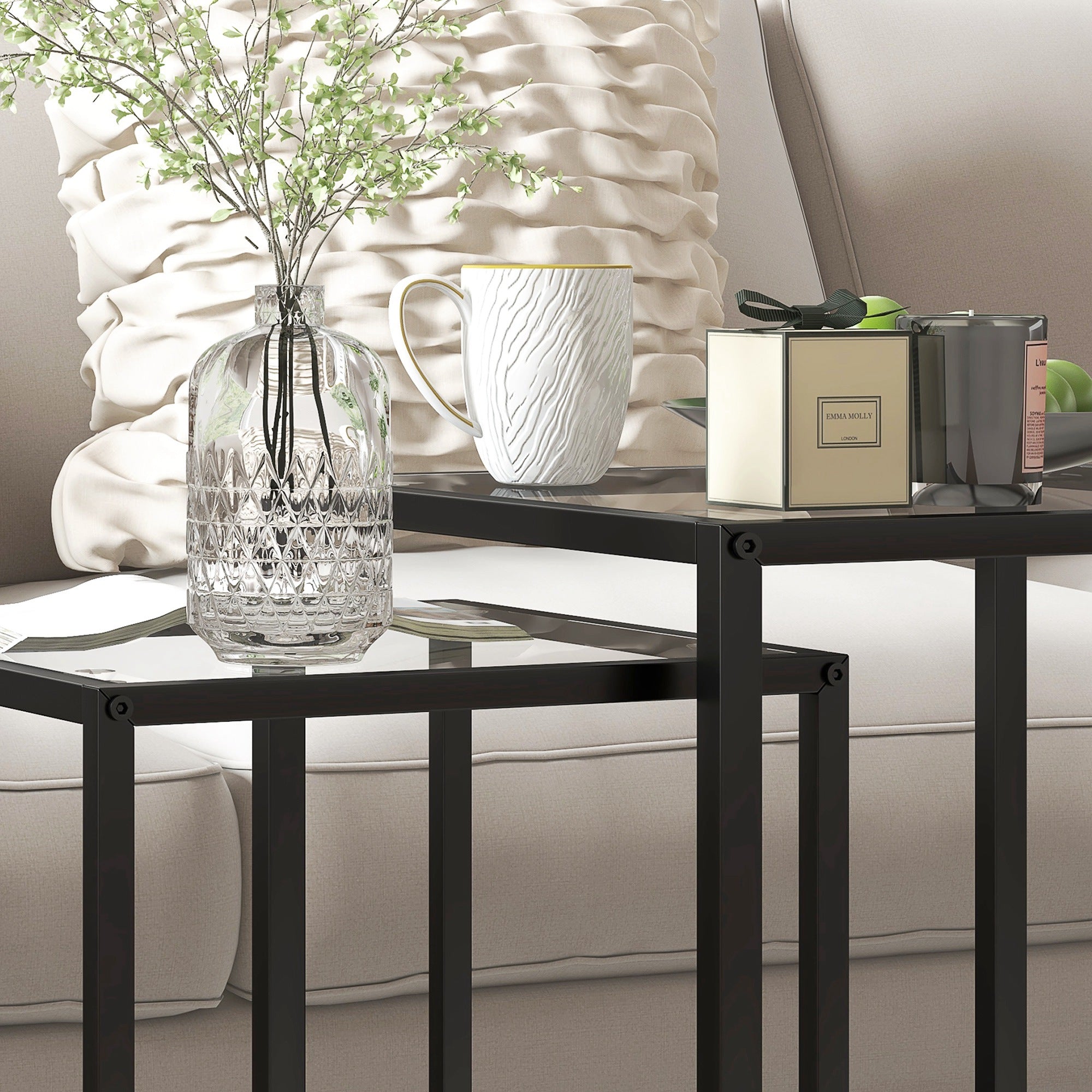 HOMCOM Nesting Tables Set of 2, Side End Table with Tempered Glass Top and Steel Frame for Living Room, Bedroom, Black 