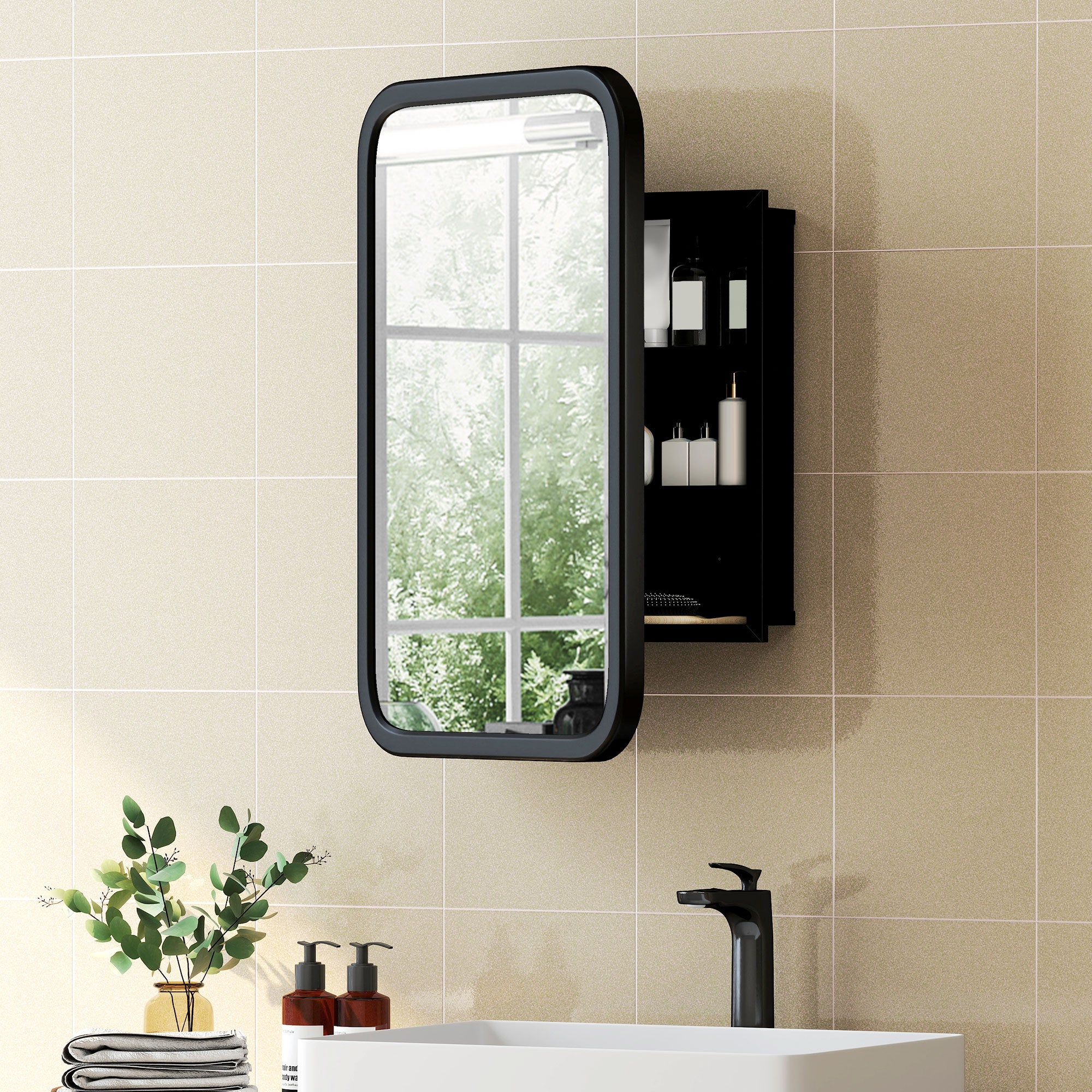 HOMCOM Bathroom Wall Cabinet with Tempered Mirror Metal Bathroom Mirror Cabinet with 3 Shelves Black 