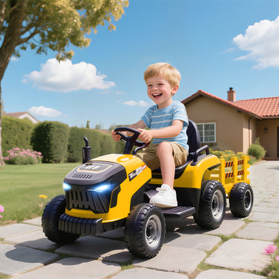 AIYAPLAY 12V Ride on Tractor and Trailer with Remote Control, Music, Shifter, Start-Up Sound, for Kids Ages 3-8 Years, Yellow 