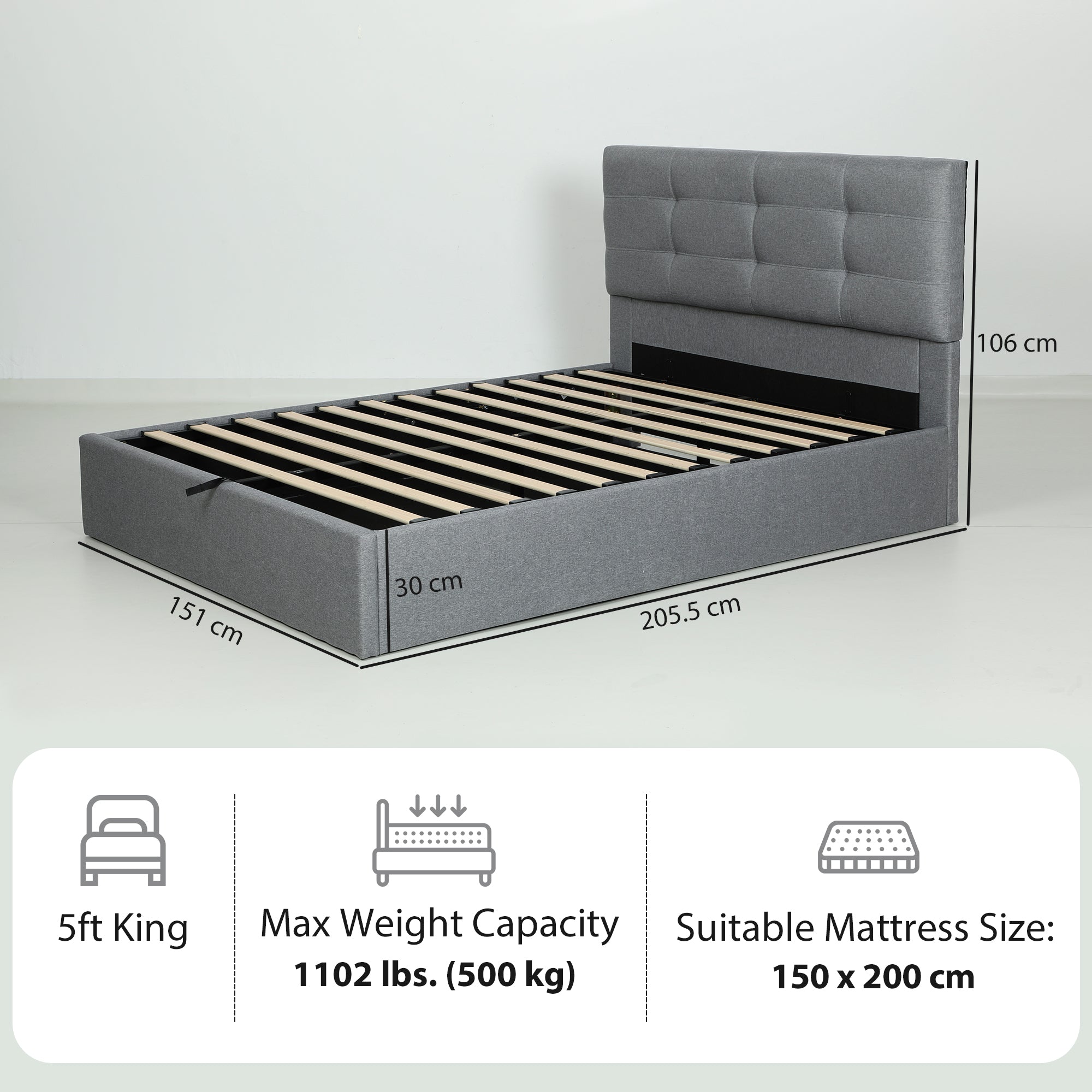 HOMCOM 5ft King Ottoman Bed with Gas Lift Storage - Grey 