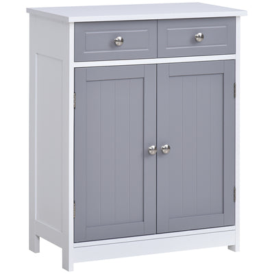 kleankin 75x60cm Freestanding Bathroom Storage Cabinet Unit w/ 2 Drawers Cupboard Adjustable Shelf Metal Handles Traditional Style Grey White 