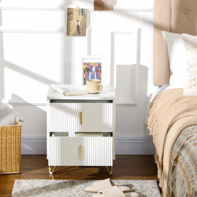 Set of 2 Elegant Chest of Two Drawers - White/Gold-Tone 