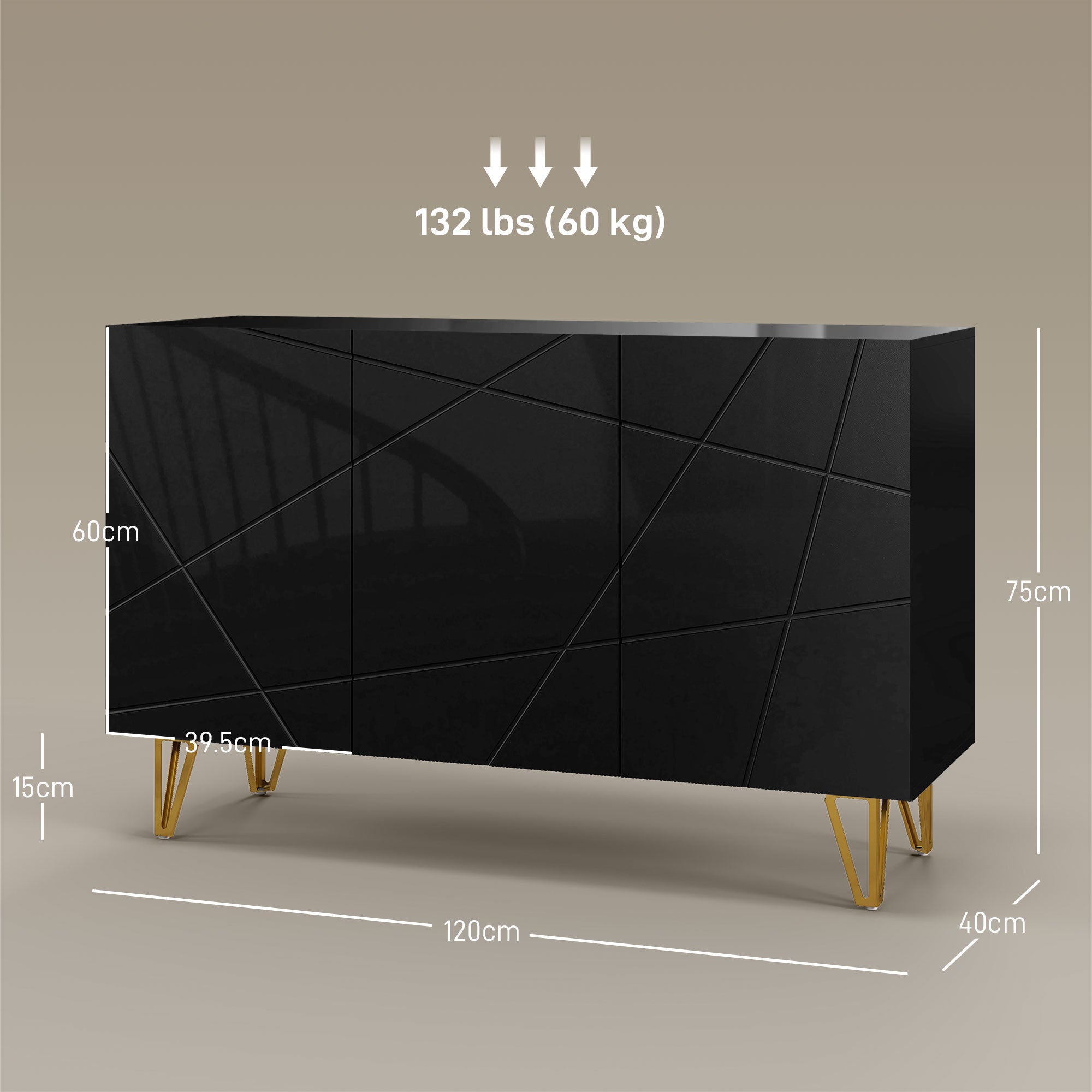 HOMCOM Modern Luxe High Gloss Sideboard with Golden Hairpin Legs, Black 