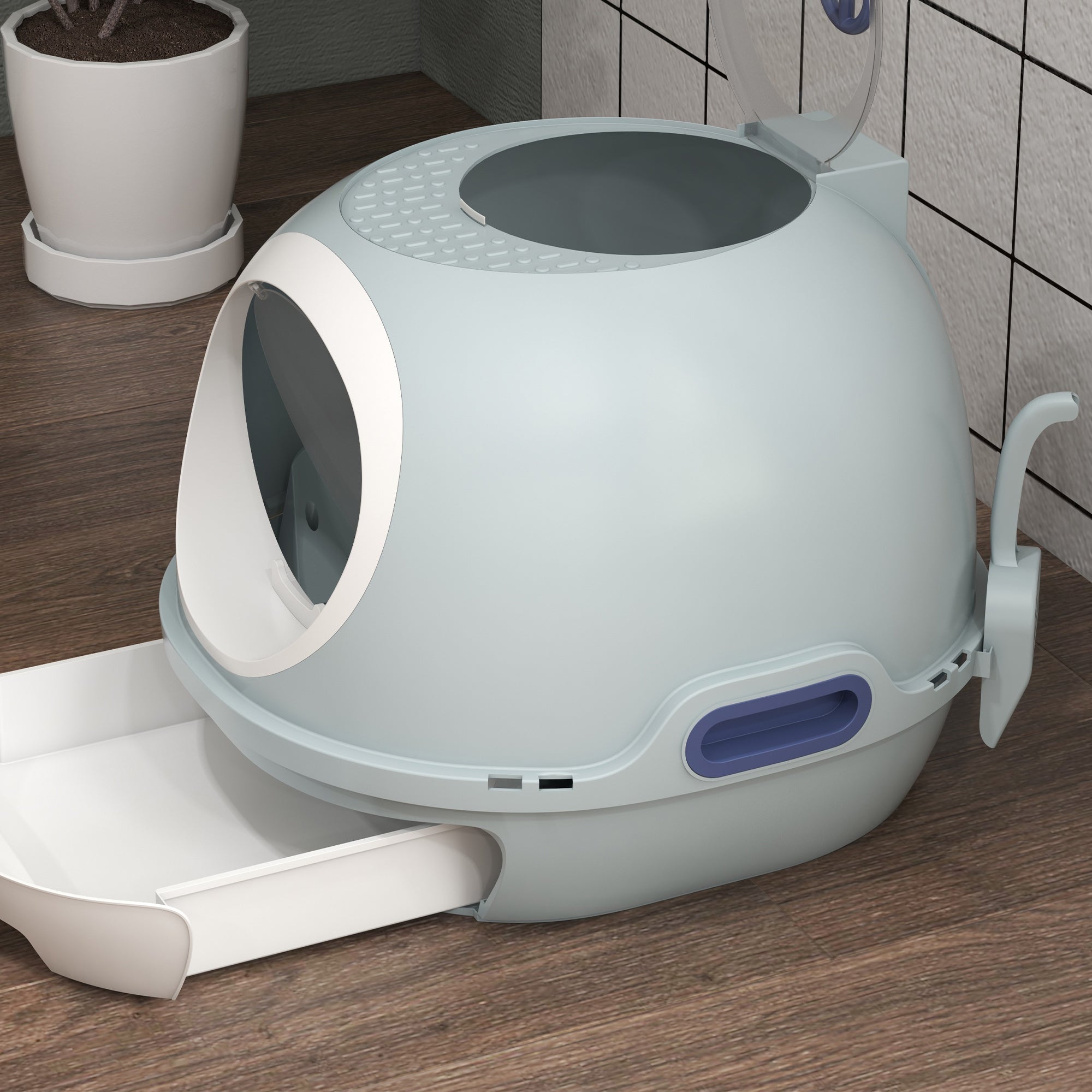 PawHut Cat Litter Box Toilet with Litter Scoop Enclosed Drawer, Front Entry Top Exit, Easy To Clean Blue 