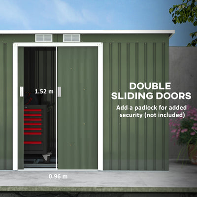 Outsunny 9ft x 4ft Metal Garden Shed, Outdoor Tool House with Foundation Kit, Ventilations and Double Doors, Light Green 