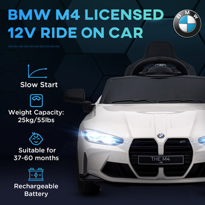 AIYAPLAY 12V BMW Licensed Kids Car, with Easy Transport, Remote Control, Suspension, Music, Horn, LED Lights, White 
