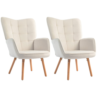 HOMCOM Modern Accent Chair Set of 2 Velvet-Touch Tufted Wingback Armchair Upholstered Leisure Lounge Sofa Club Chair with Wood Legs, Cream White