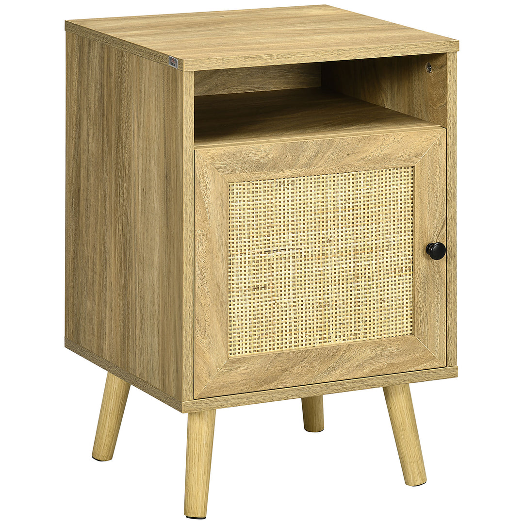 HOMCOM Bedside Table with Rattan Element, Side End Table with Shelf and Cupboard, 39cmx35cmx60cm, Natural 