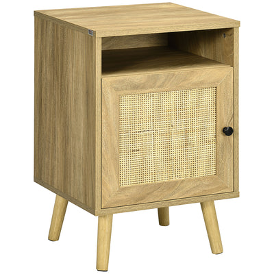 HOMCOM Bedside Table with Rattan Element, Side End Table with Shelf and Cupboard, 39cmx35cmx60cm, Natural 