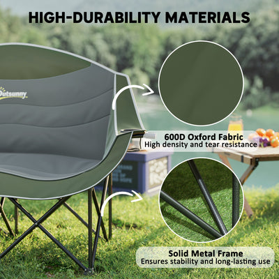 Outsunny Double Camping Chair for Adults, Oversized Heavy Duty Padded Folding Chair with Armrests, Cup Holders and Carry Bag for Outdoor Camping Hiking Picnic Fishing, 250kg Capacity, Green 
