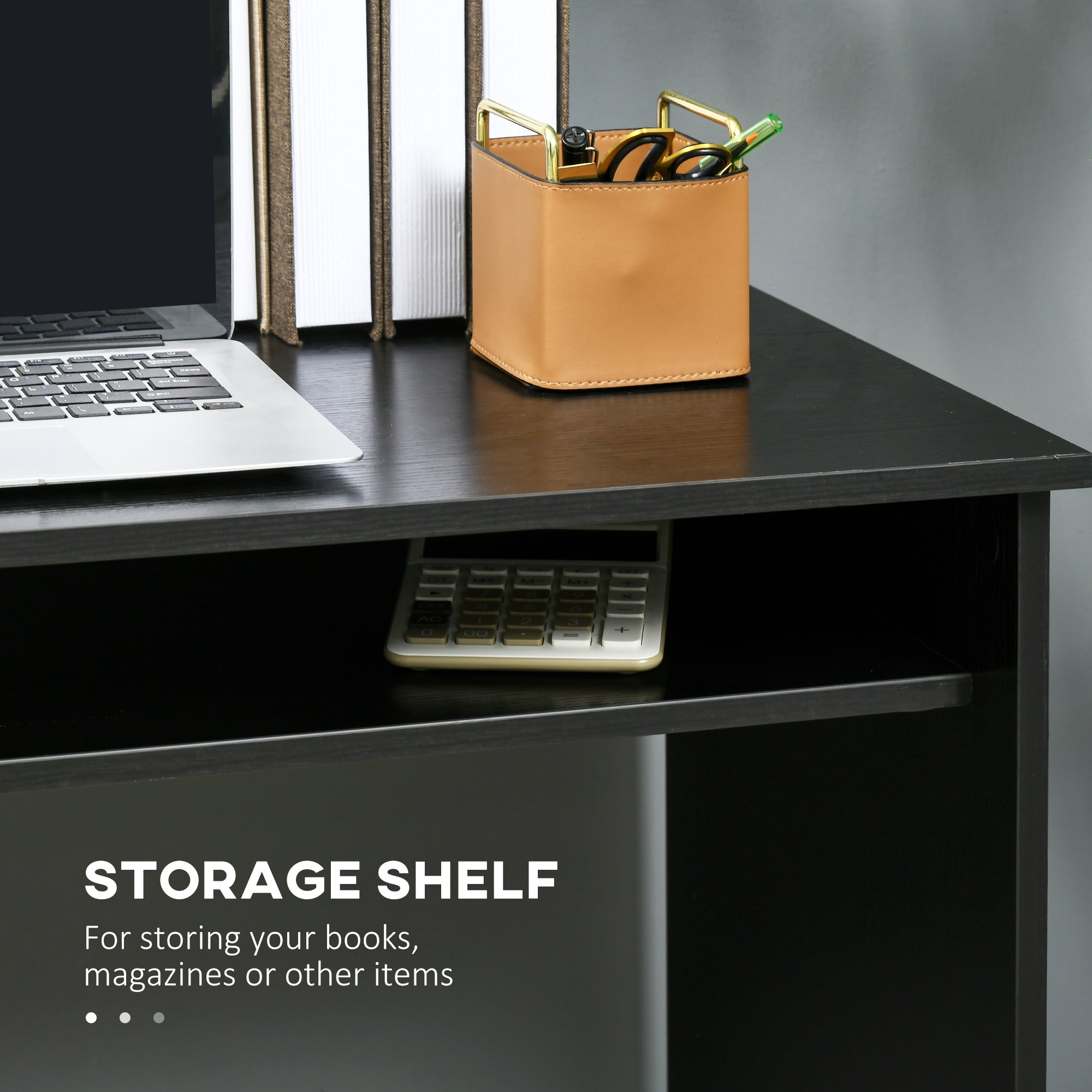 HOMCOM Modern Computer Desk, Home Office Table, Small Writing Desk with Storage Shelf, 90 x 50cm, Black Wood Grain 