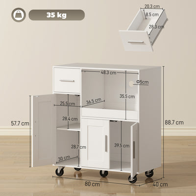 HOMCOM Rolling Kitchen Cart, Microwave Cabinet with Sliding Tray, Drawer, 3-Door Cupboards, Adjustable Shelf, White