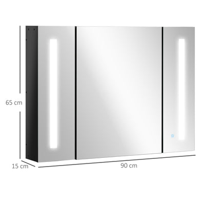 kleankin LED Bathroom Cabinet with Mirror, Wall Mounted Dimmable Brightness Storage Organiser with 3 Mirrored Doors and Adjustable Shelves, Memory Function, USB Charge, High Gloss Black 