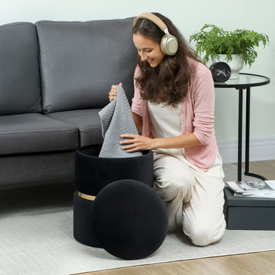 HOMCOM Velvet-Feel Storage Ottoman - Black 