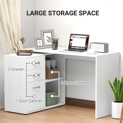 HOMCOM L Shaped Computer Desk, Reversible Home Office Desk with Drawers, File Cabinet and Storage Shelves, Study Table, 117 x 83.5 x 76cm, White 