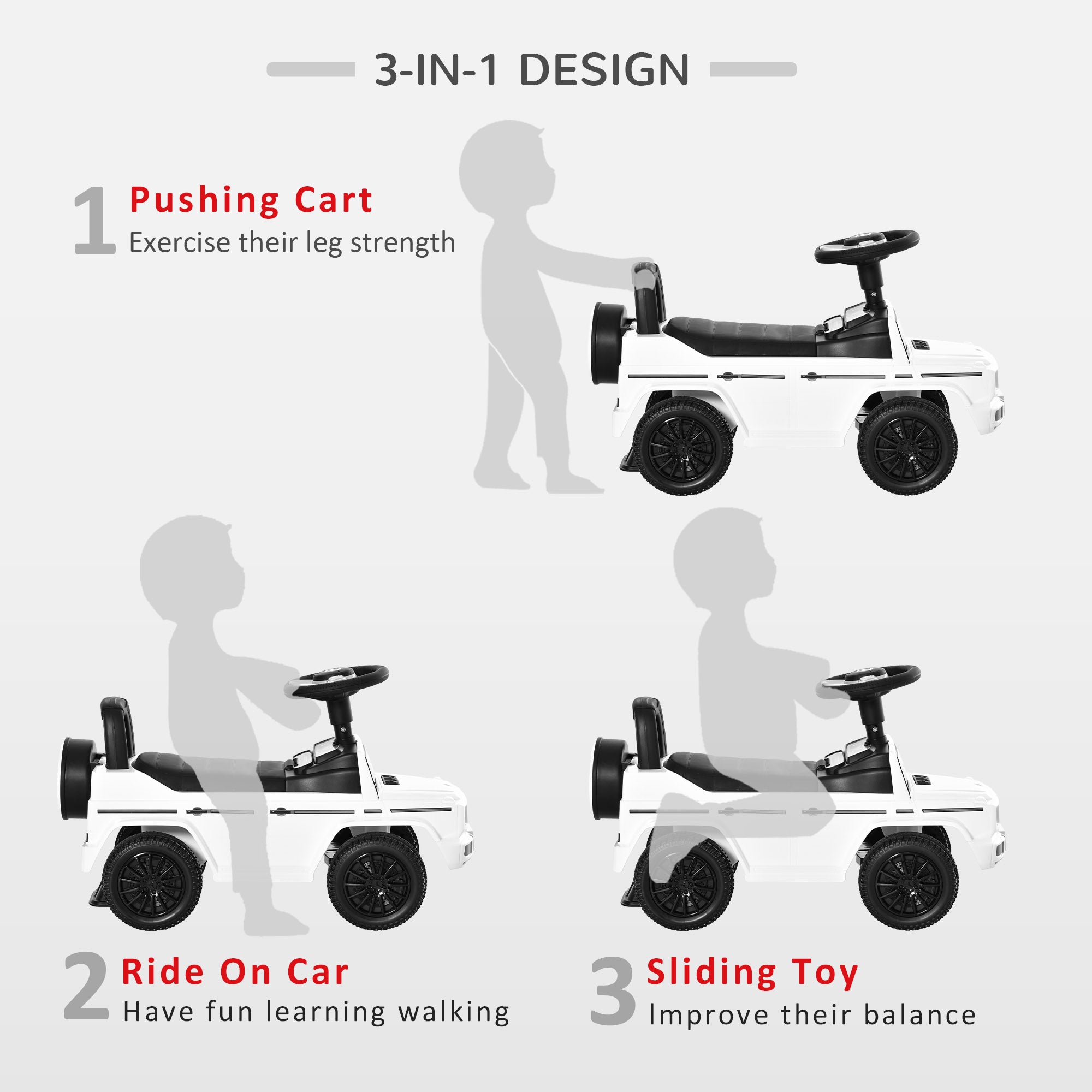 HOMCOM 3 in 1 Kids Ride On Car G350 Licensed Foot To Floor Slider Toddler Push Along NO POWER White 12-36 months 