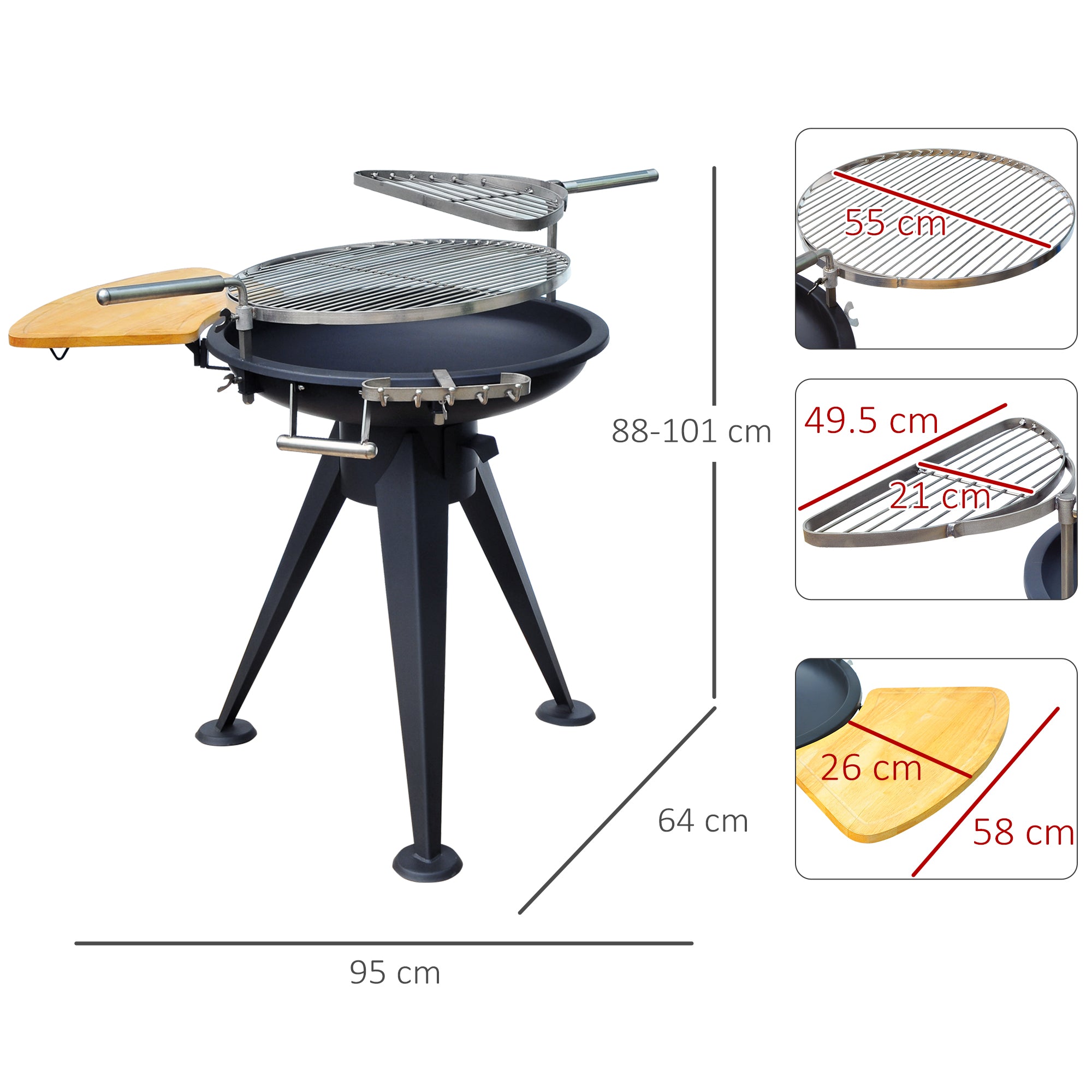 Outsunny Round  BBQ Grill W/Cutting Board-Black 