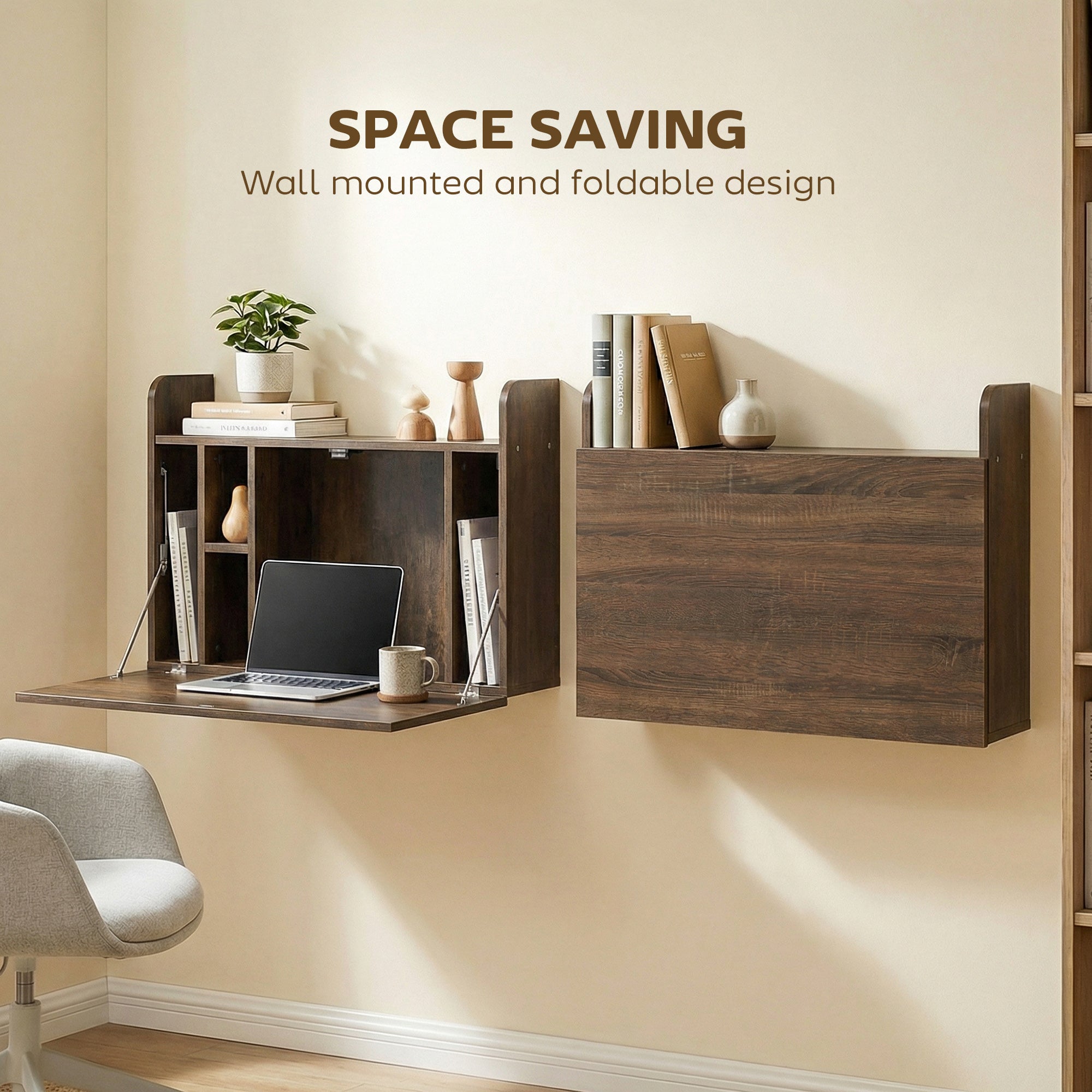 HOMCOM Wall Mounted Desk, Drop Leaf Floating Laptop Desk with Space Saving Storage Compartments for Home Office, Dark Brown 