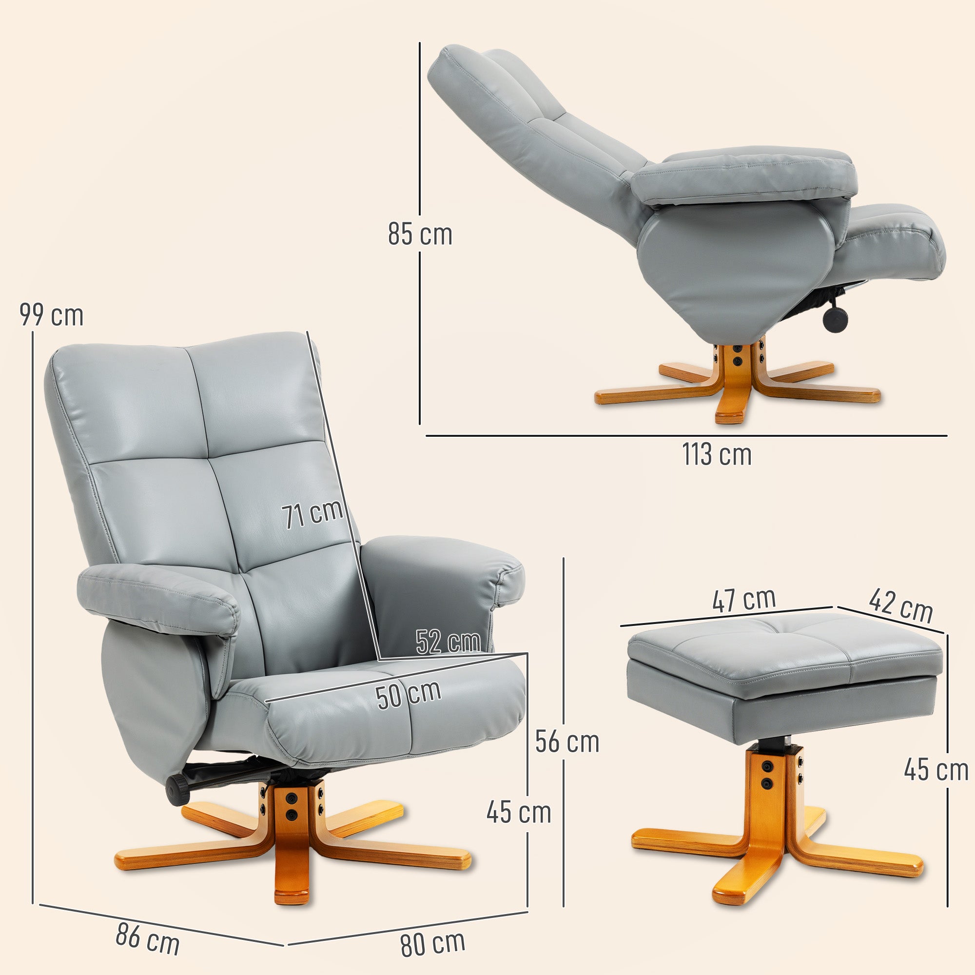 HOMCOM PU Leather Swivel Recliner Chair with Footstool, Wooden Base and Storage for Living Room, Light Grey 