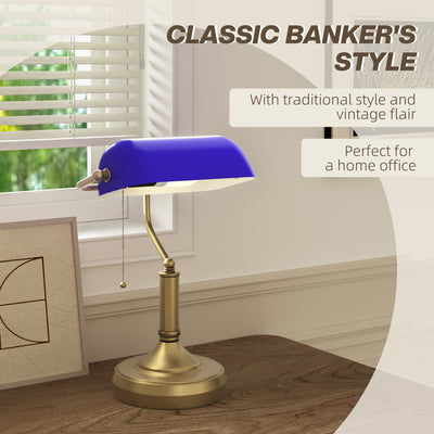 HOMCOM Banker's Desk Lamp with Antique Bronze Tone Base, Table Lamp with Blue Glass Shade for Home Office, Blue 