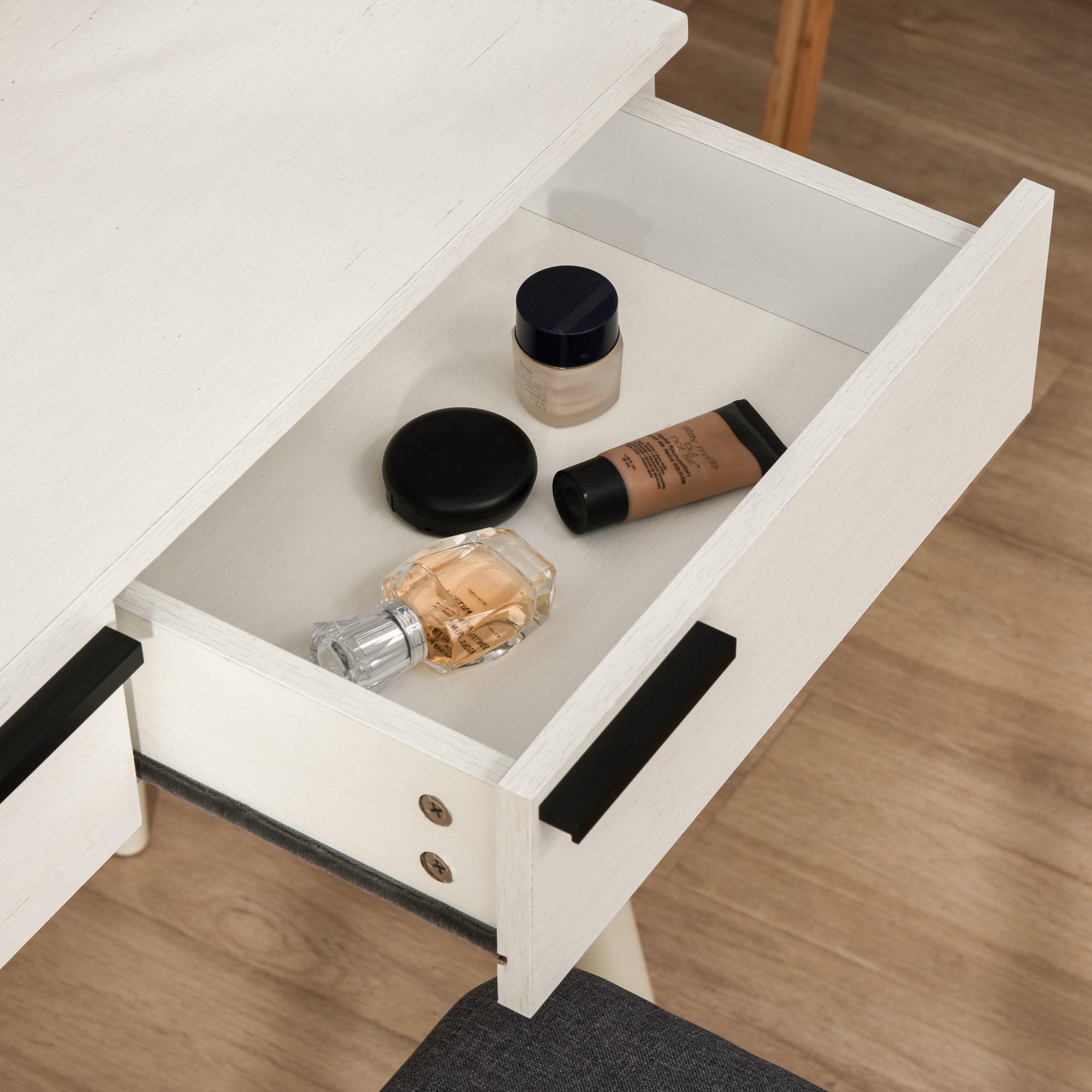 HOMCOM Dressing Table with Mirror and Stool, Vanity Makeup Desk Set with 2 Drawers, Cushioned Stool and Make-up Organizer for Bedroom and Dressing Room, White 