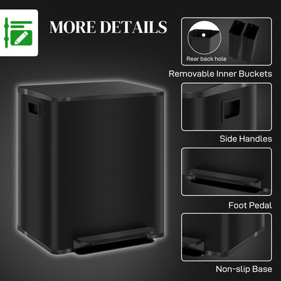 HOMCOM 50L Dual Compartment Stainless Steel Bin, with Deodoriser Holders - Black 