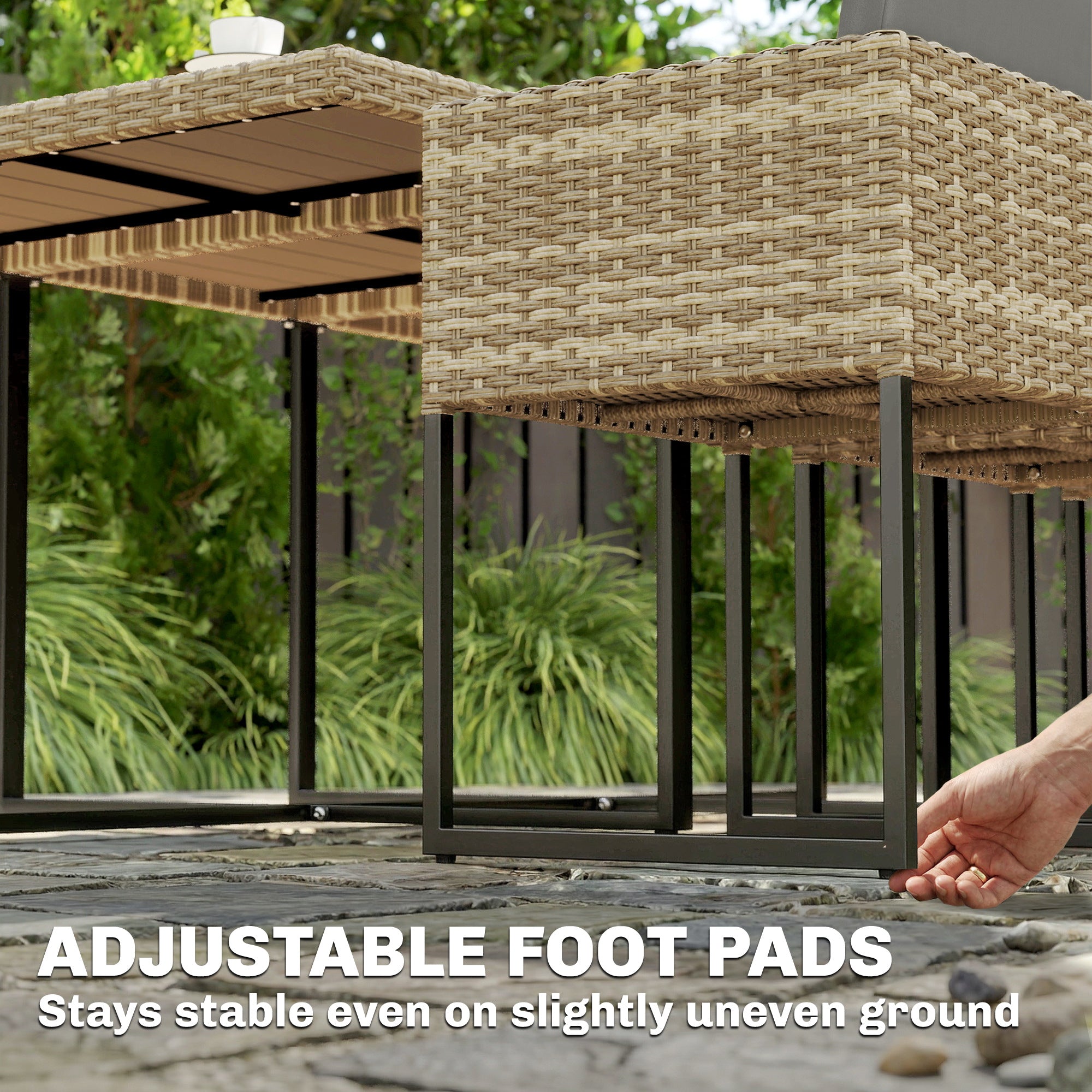 Outsunny 7 Piece Rattan Garden Furniture Set, Garden Dining Set with Wood-Plastic Table and 6 Stackable Chairs, Light Brown 