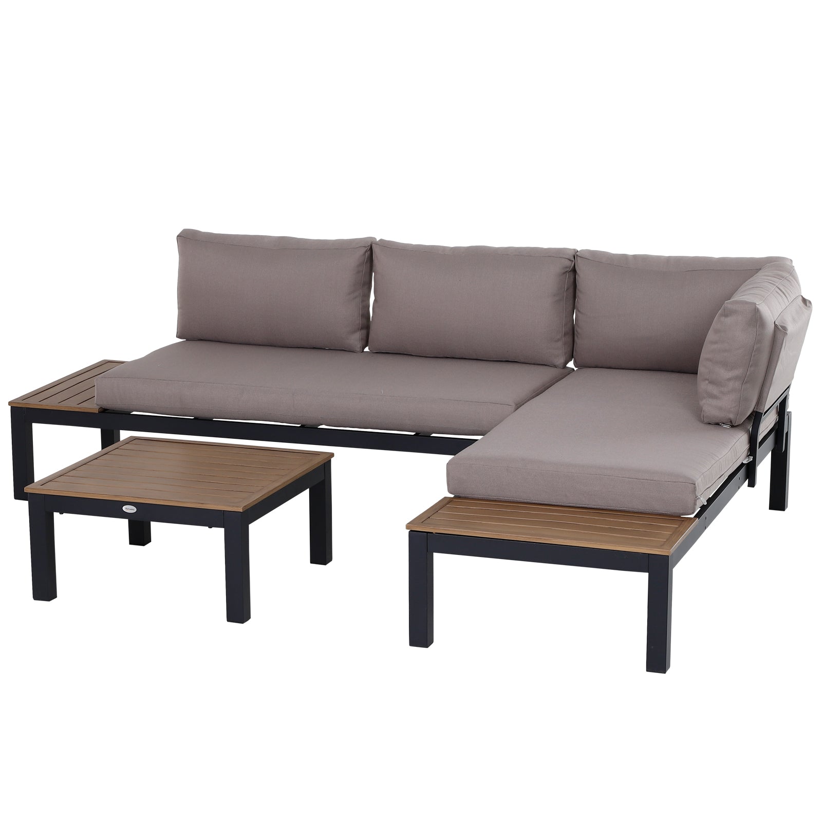 Outsunny 3 Pieces Garden Furniture Set, Aluminium 4 Seater Corner Sofa Set with 2 Loveseats, Coffee Table and Side Trays, Outdoor Conversation Furniture with Cushions for Garden, Black 