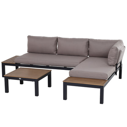 Outsunny 3 Pieces Garden Furniture Set, Aluminium 4 Seater Corner Sofa Set with 2 Loveseats, Coffee Table and Side Trays, Outdoor Conversation Furniture with Cushions for Garden, Black 