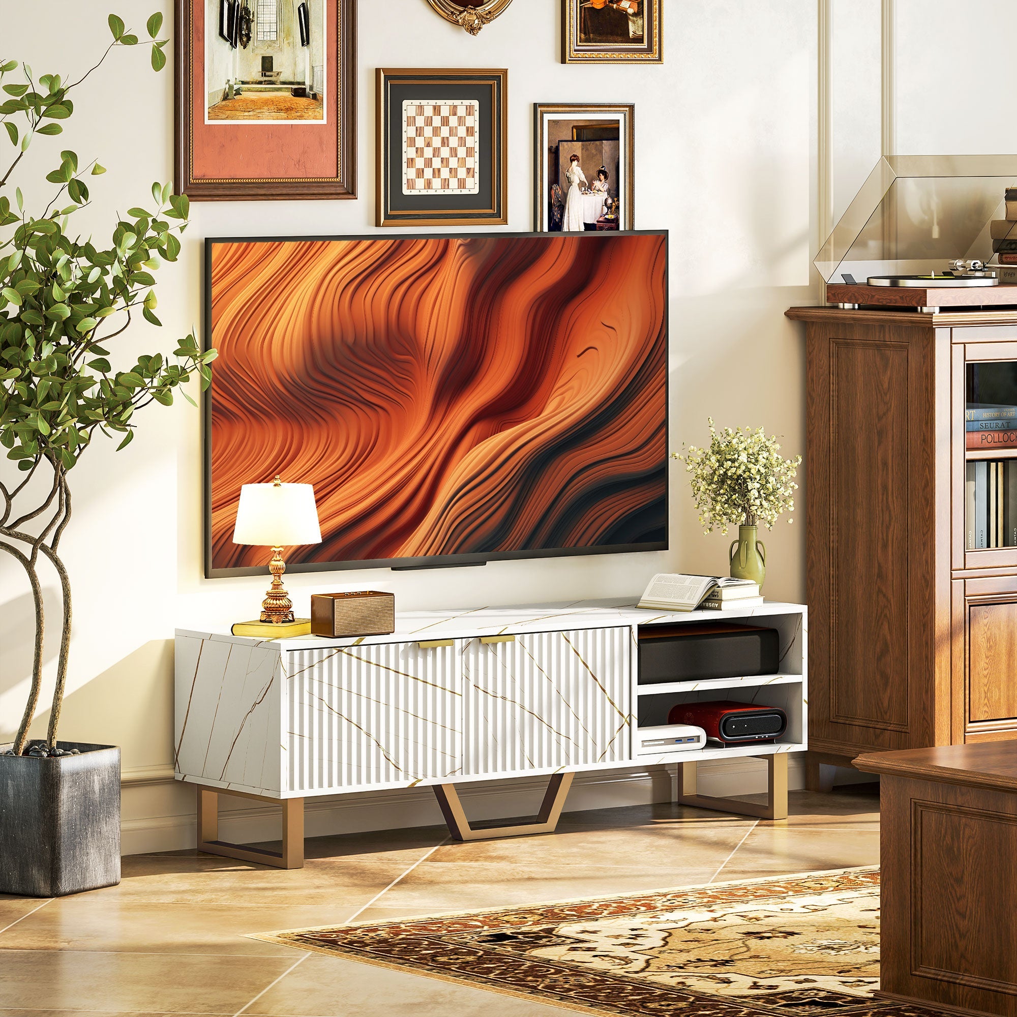 HOMCOM Marble Effect TV Unit, TV Stand Cabinet for up to 70" TVs, Modern TV Cabinet with Shelves and Storage Cupboard, Fluted Door, Extra Centre Leg, Cable Management for Living Room, White 