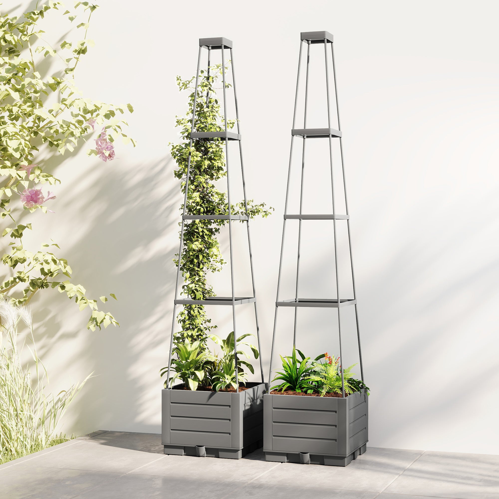 Outsunny 2 Pack Raised Garden Bed with Trellis, Plastic Outdoor Planter Box with Removable Drainage Tray 