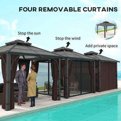 Outsunny 3 x 3(m) Hardtop Gazebo Canopy with 7mm Double Polycarbonate Roof, Garden Gazebo Permanent Pavilion with Mosquito Netting and Curtains for Patio, Deck, Brown 