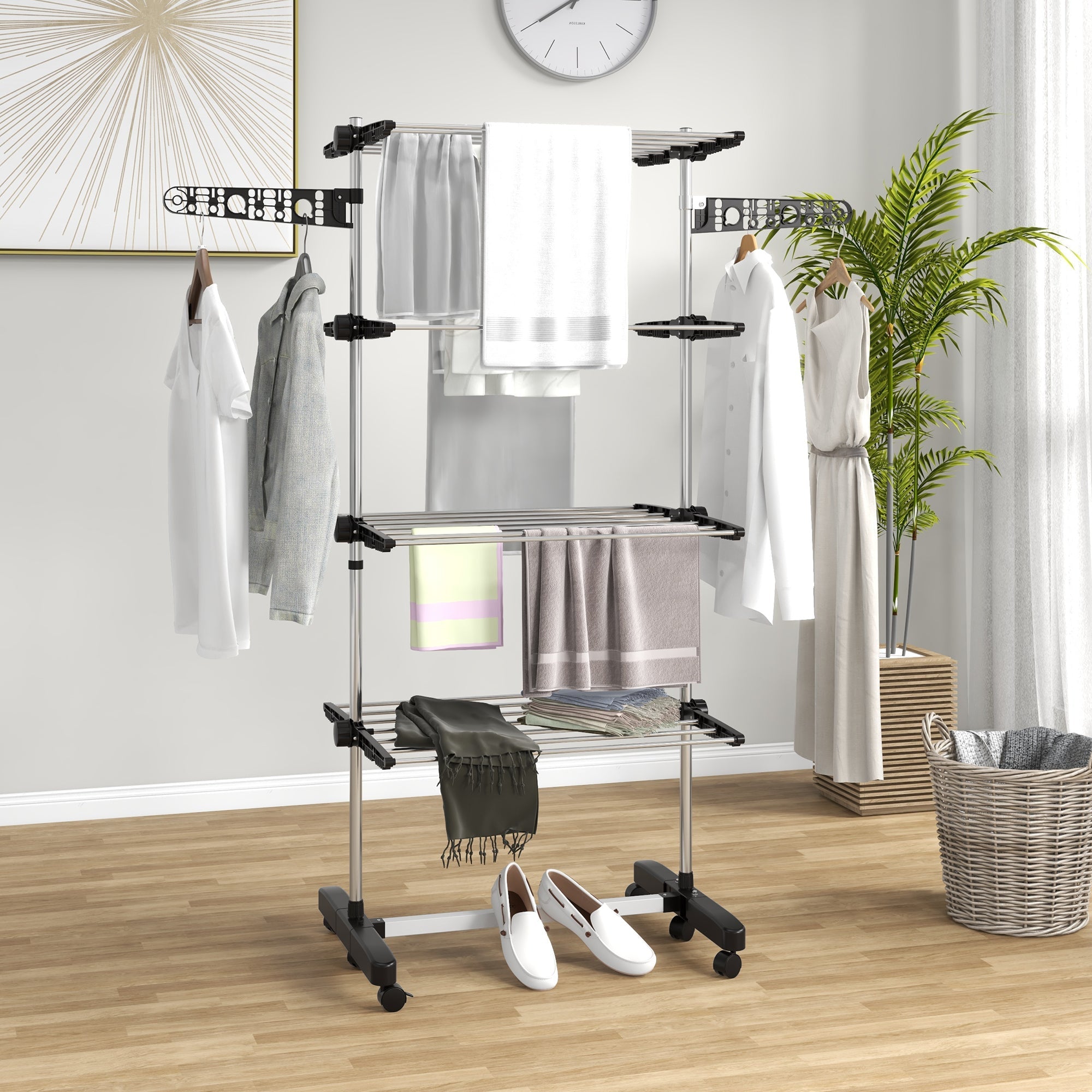 HOMCOM Four-Shelf Collapsing Clothes Horse, With Side Arms and Wheels - Black 