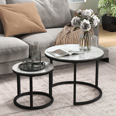 HOMCOM Glass Coffee Table Set of 2, Round Nest of Tables with Marble-Effect Tempered Glass Tabletop and Steel Frame, Modern Side Tables for Living Room, White 