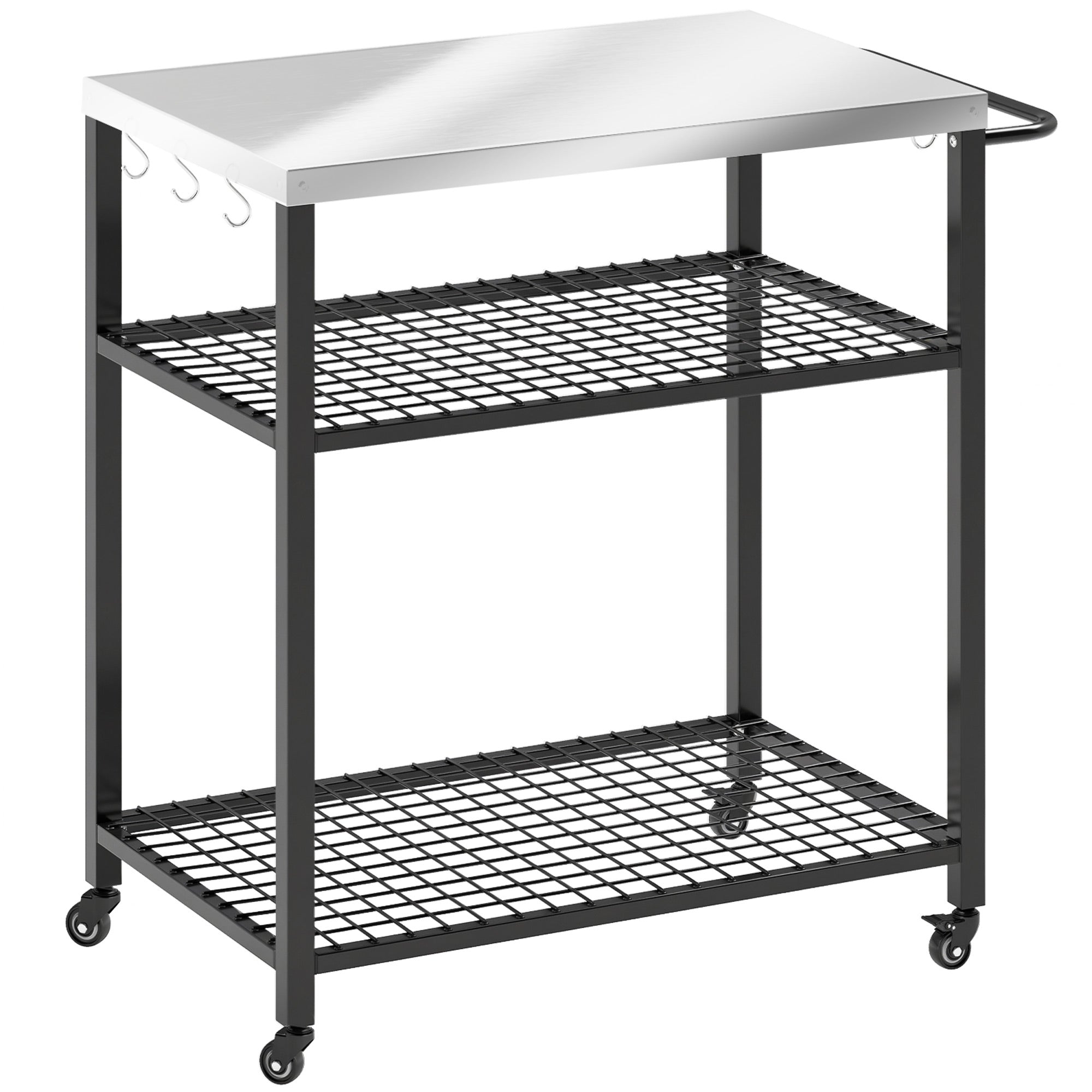 Outsunny Outdoor Grill Cart with Stainless Steel Tabletop, 3-Tier Pizza Oven Stand with 2 Shelves, 6 Hooks, Wheels, Black 