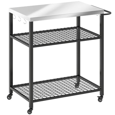 Outsunny Outdoor Grill Cart with Stainless Steel Tabletop, 3-Tier Pizza Oven Stand with 2 Shelves, 6 Hooks, Wheels, Black 