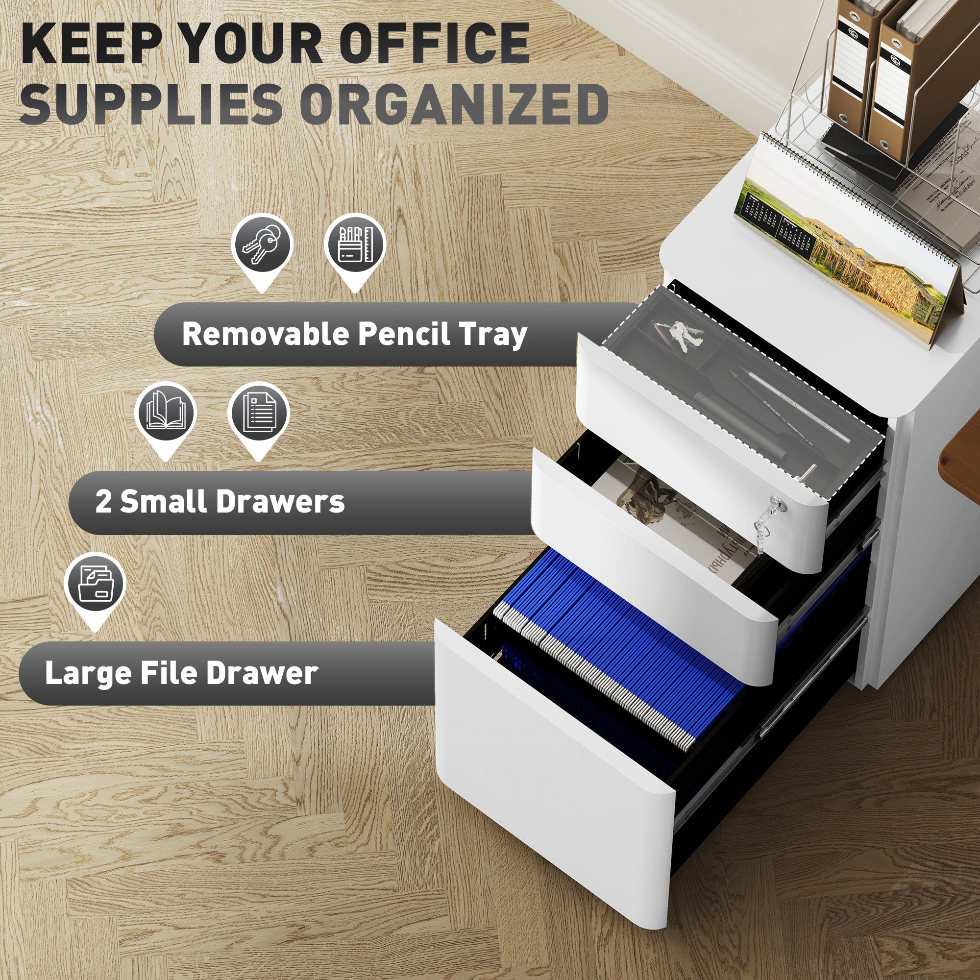 Vinsetto 3-Drawer Steel Filing Cabinet with Lock - White 