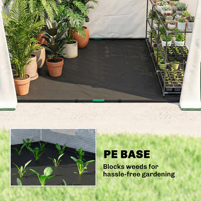 Outsunny Walk-in Greenhouse for Outdoors with Steel Frame, Large Plant House with Roll-up Door and PE Ground Cover, White 