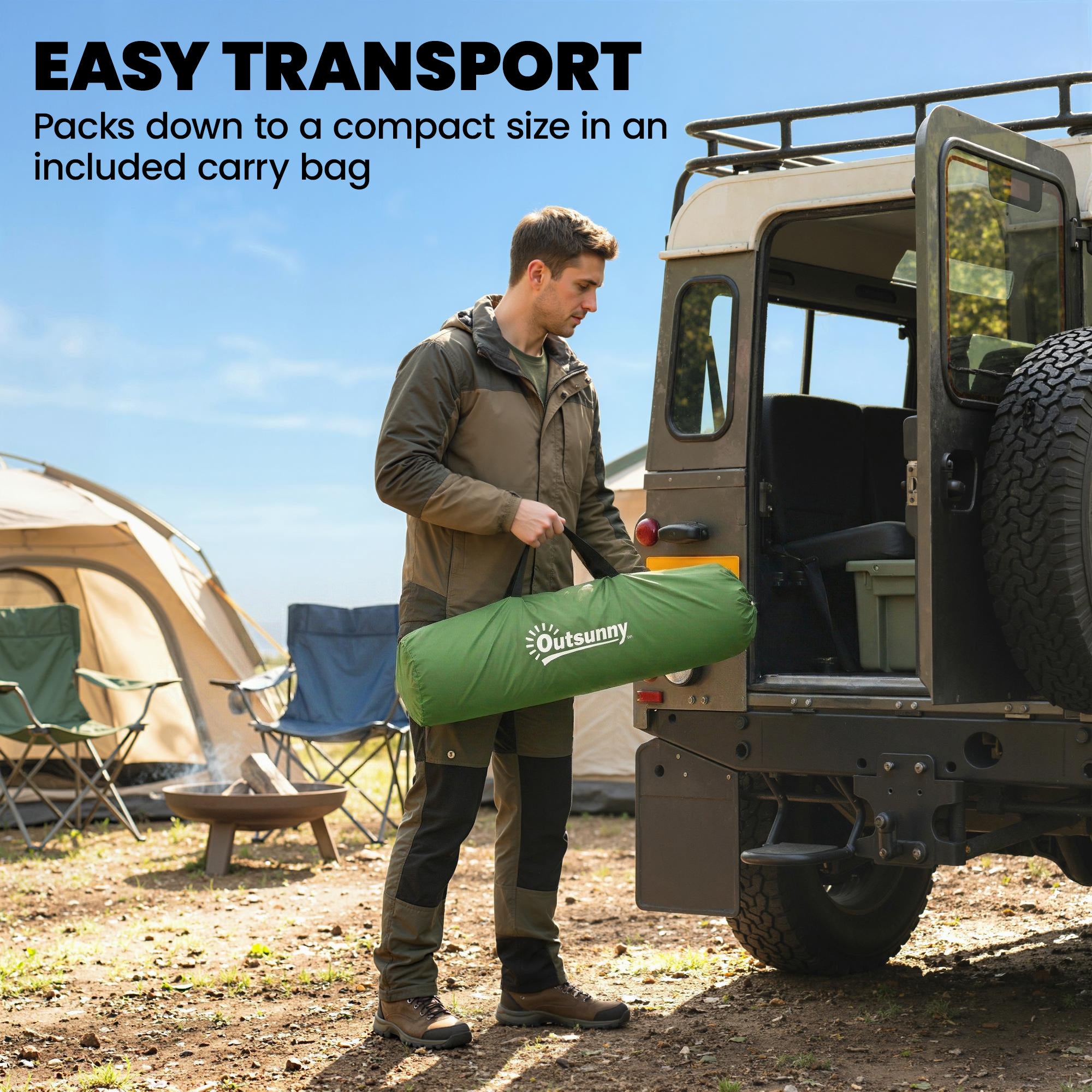 Outsunny Camping Windbreaker with Clear Windows, Carry Bag and Steel Poles, for Beach Caravan Campervan, 725 x 140cm, Army Green 