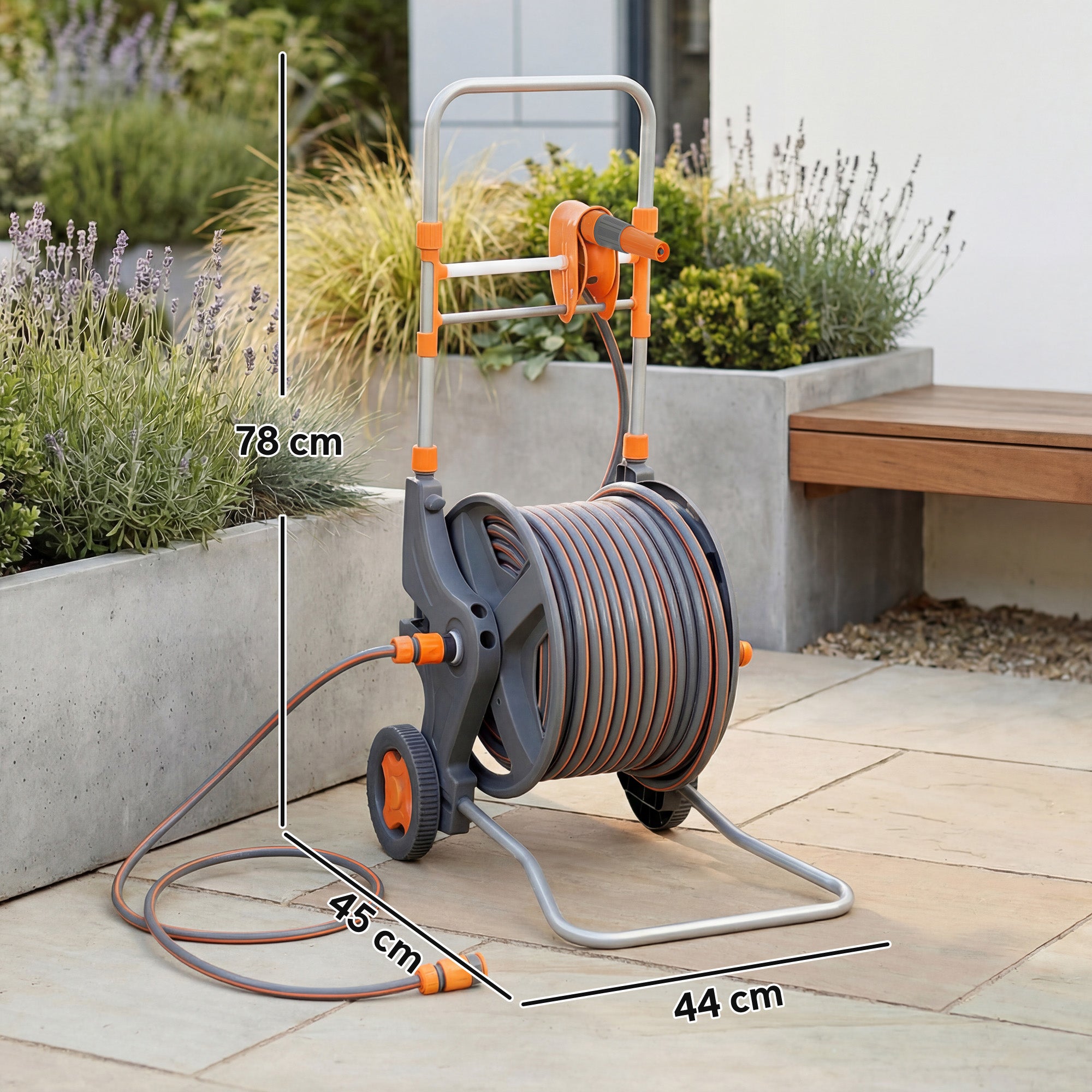 Outsunny Hose Reel Cart with Wheels, 45+2m Garden Hose Reel with 2 Patterns Nozzle, Faucet Adaptors and Rewind Handle, Orange 